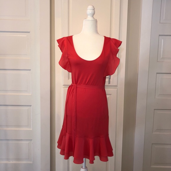 French Connection Coral Pink Flutter Hem dress - Picture 1 of 6
